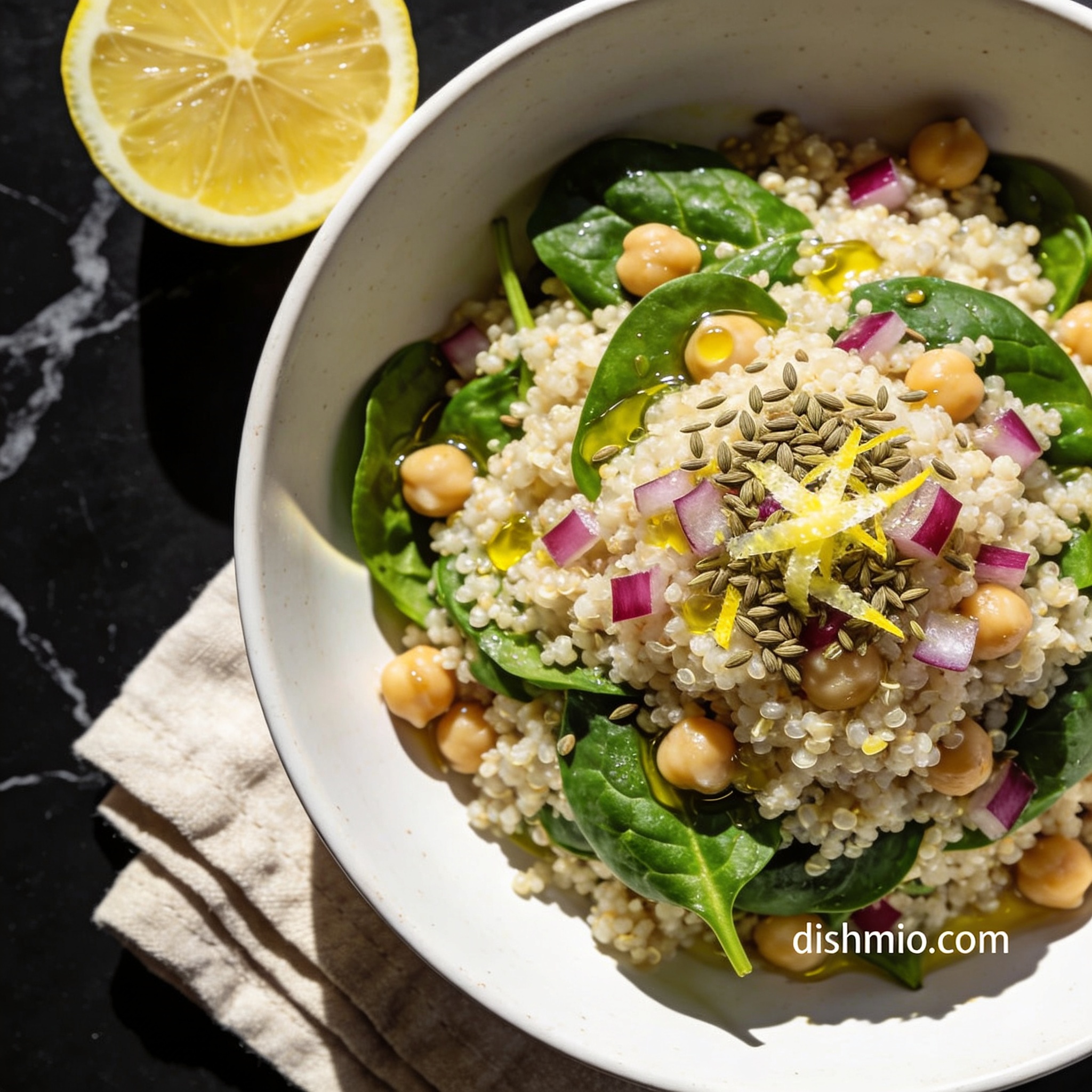 Beautifully plated high protein quinoa and spinach salad with lemon zest in white bowl on black marble countertop, 45-degree angle view