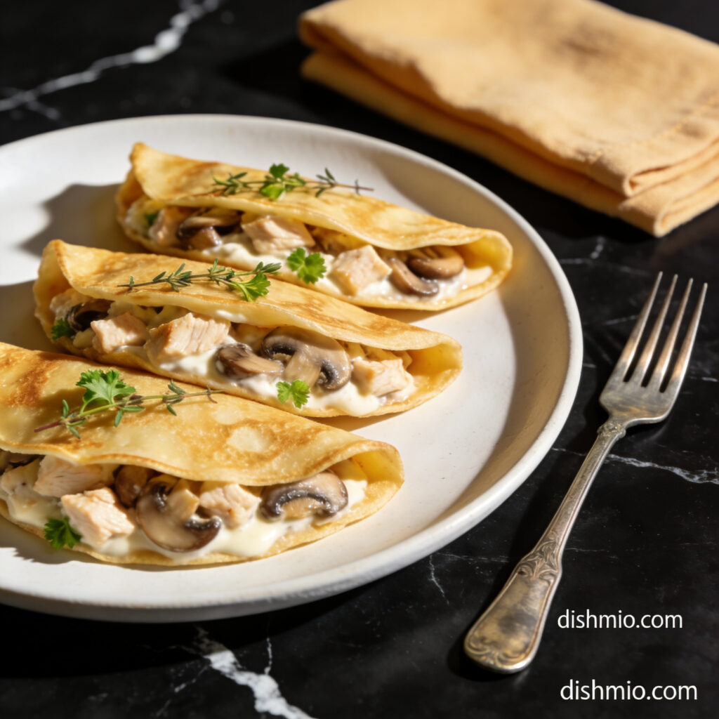Beautifully plated high protein chicken and mushroom crepes with coconut milk showing golden folded crepes filled with creamy chicken and mushroom mixture on black marble