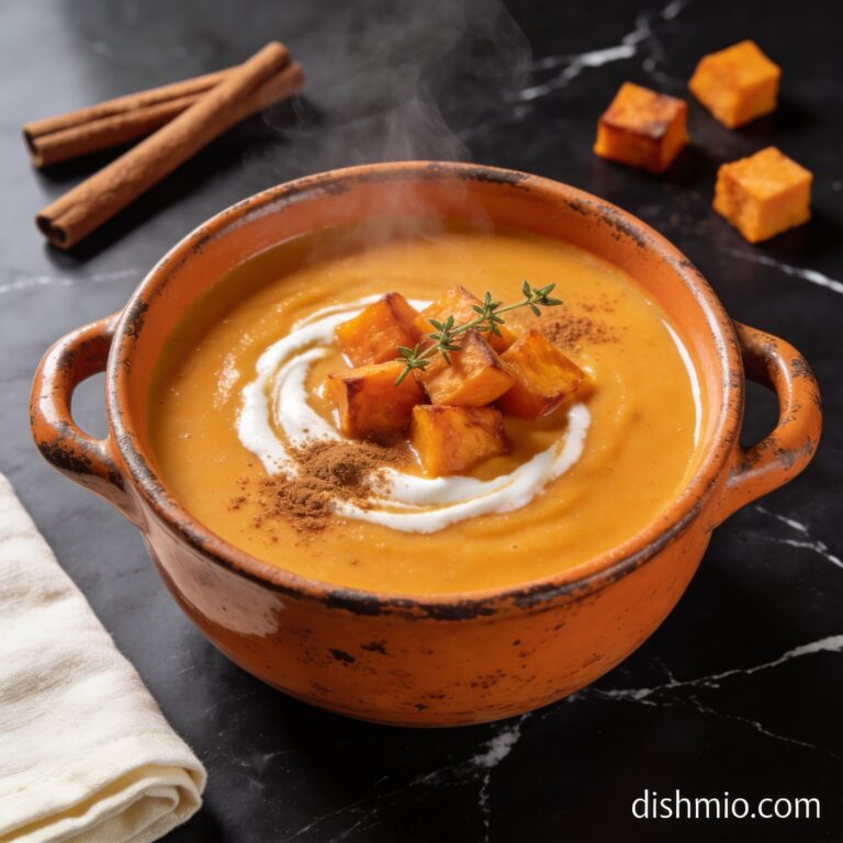 Beautifully styled bowl of creamy air fryer roasted sweet potato soup with cinnamon on black marble countertop