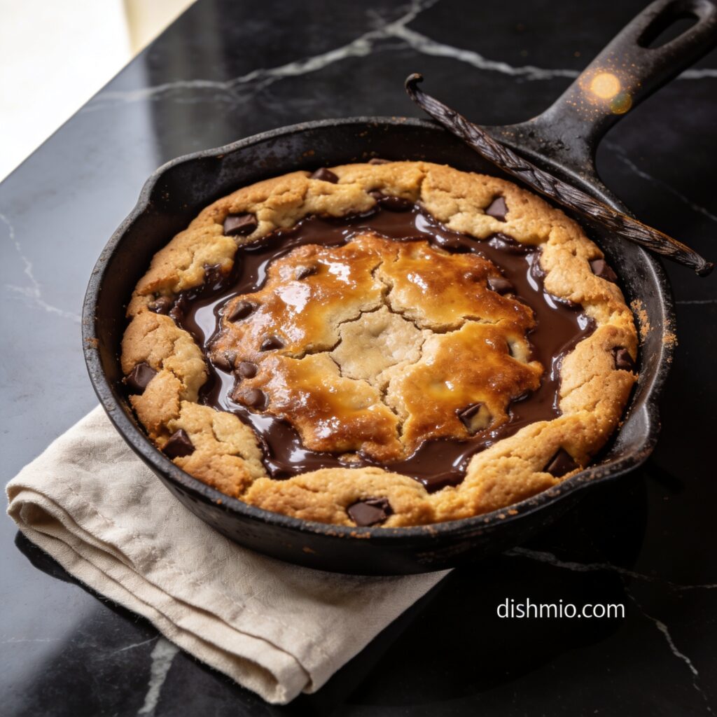 gluten free chocolate chip cookie skillet with almond flour hero shot — beautifully baked grain-free cookie in cast iron on black marble countertop