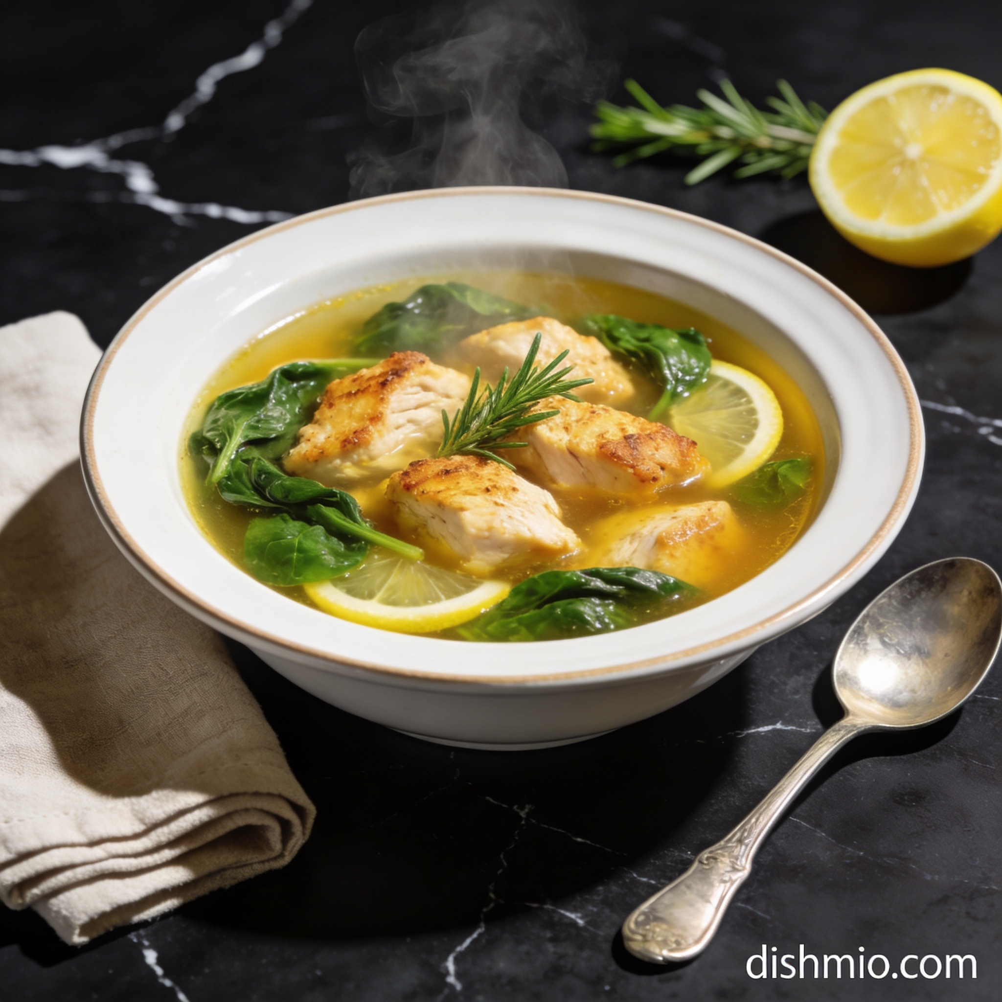 Air fryer lemon rosemary chicken soup with spinach hero shot — golden broth with roasted chicken and greens on black marble