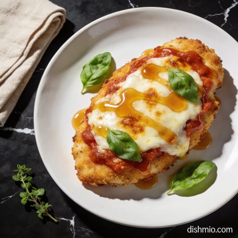 Beautifully plated gluten free chicken parmesan with honey glaze on black marble countertop