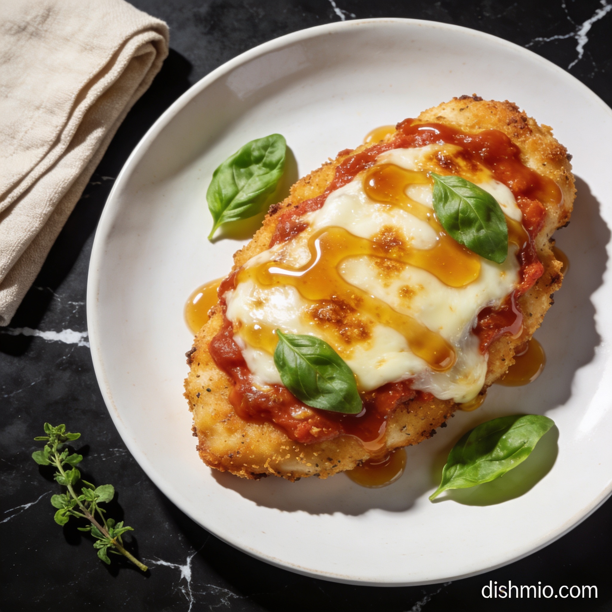 Beautifully plated gluten free chicken parmesan with honey glaze on black marble countertop