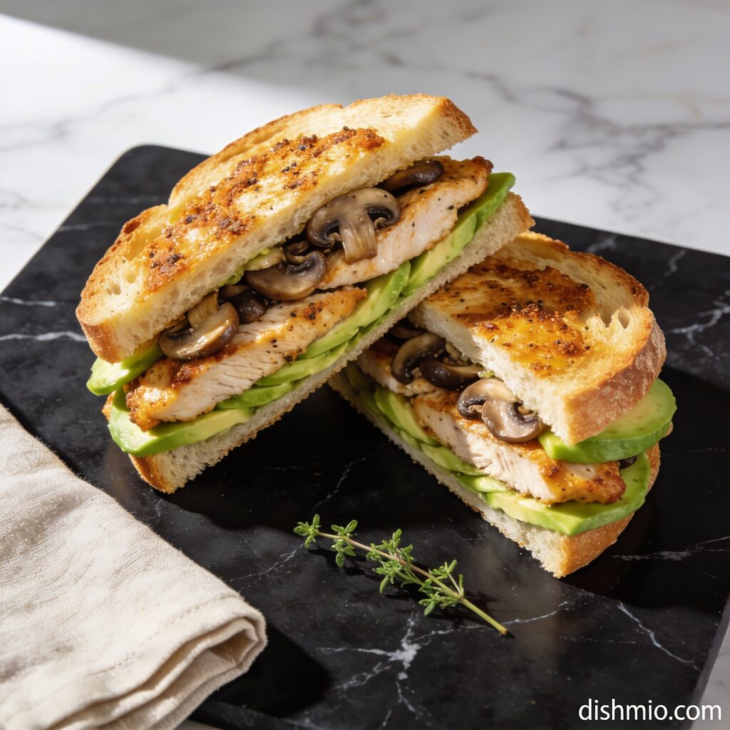 Perfectly stacked air fryer grilled chicken and avocado mushroom sandwich on black marble countertop