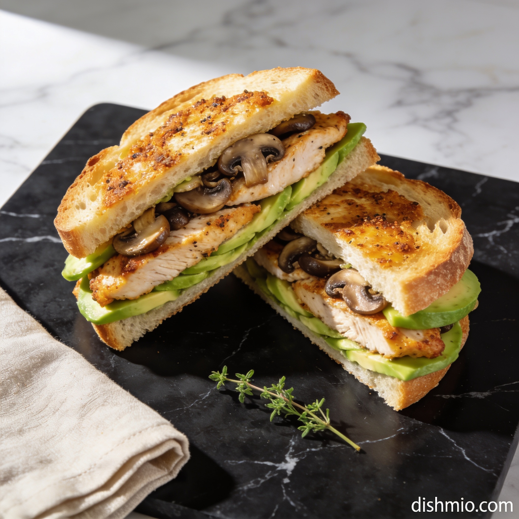 Perfectly stacked air fryer grilled chicken and avocado mushroom sandwich on black marble countertop