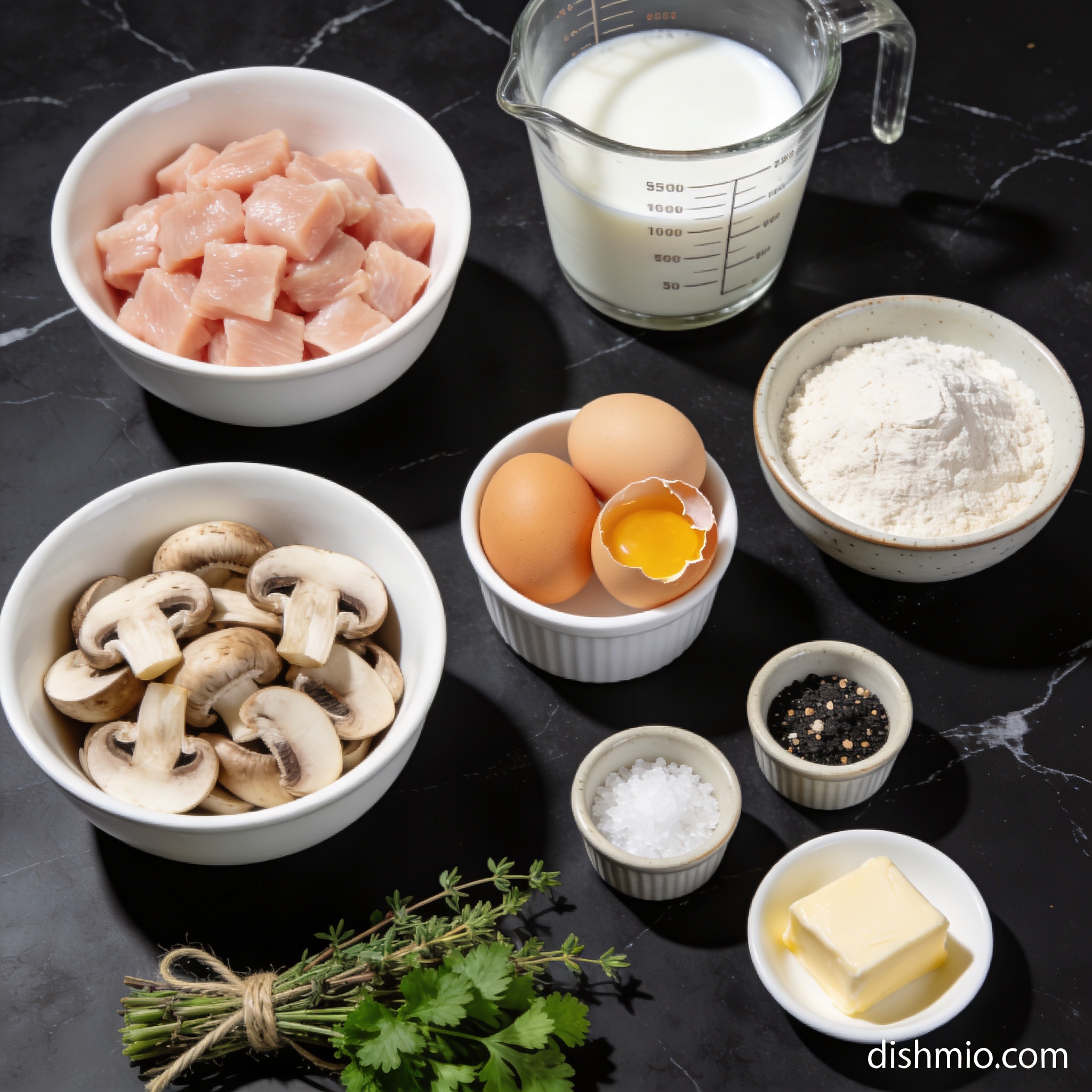 Raw ingredients for high protein chicken and mushroom crepes with coconut milk including diced chicken breast, cremini mushrooms, coconut milk, eggs, and fresh herbs arranged in white bowls on black marble