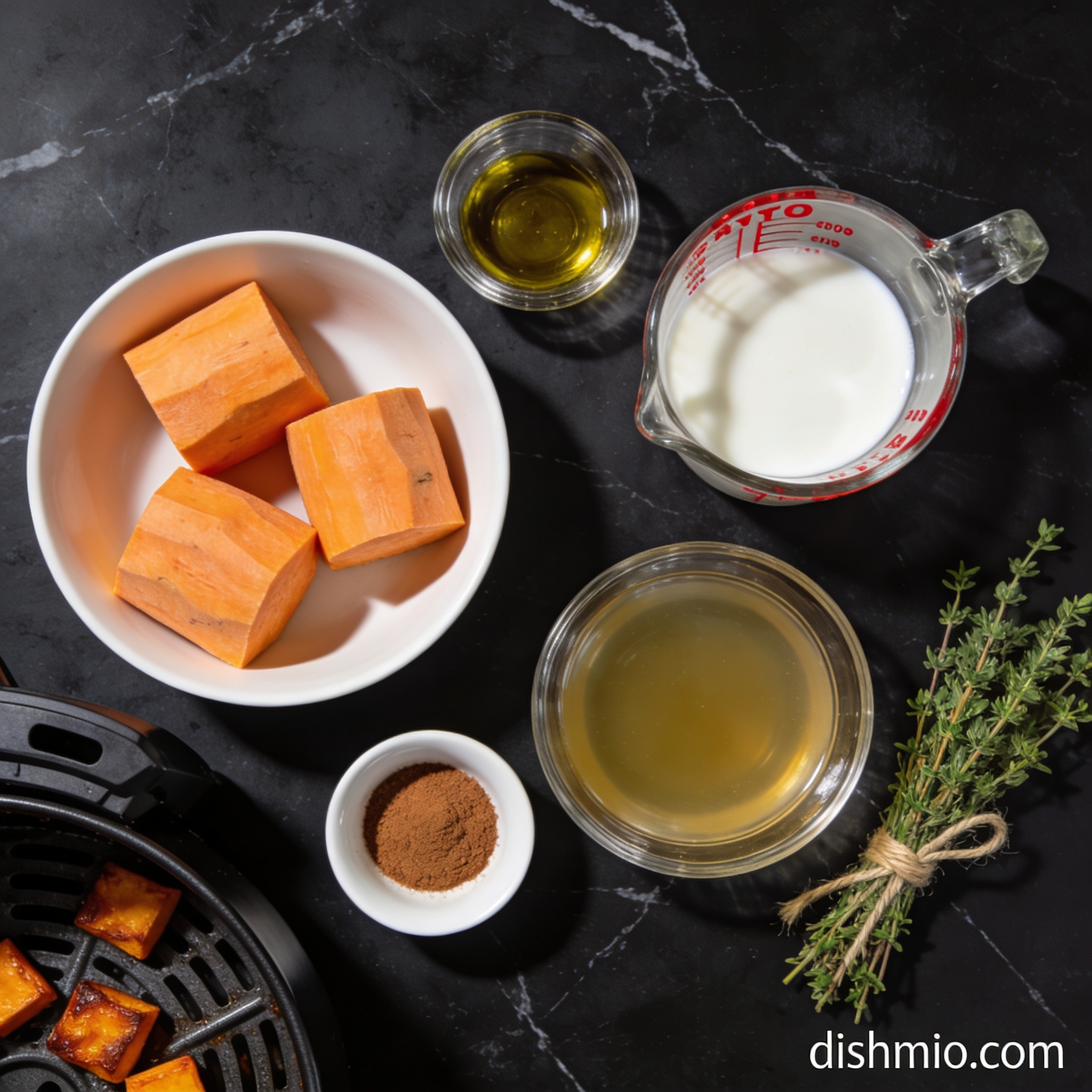 Flat lay of air fryer roasted sweet potato soup ingredients including cubed sweet potatoes, olive oil, cinnamon, coconut milk, and vegetable broth on black marble