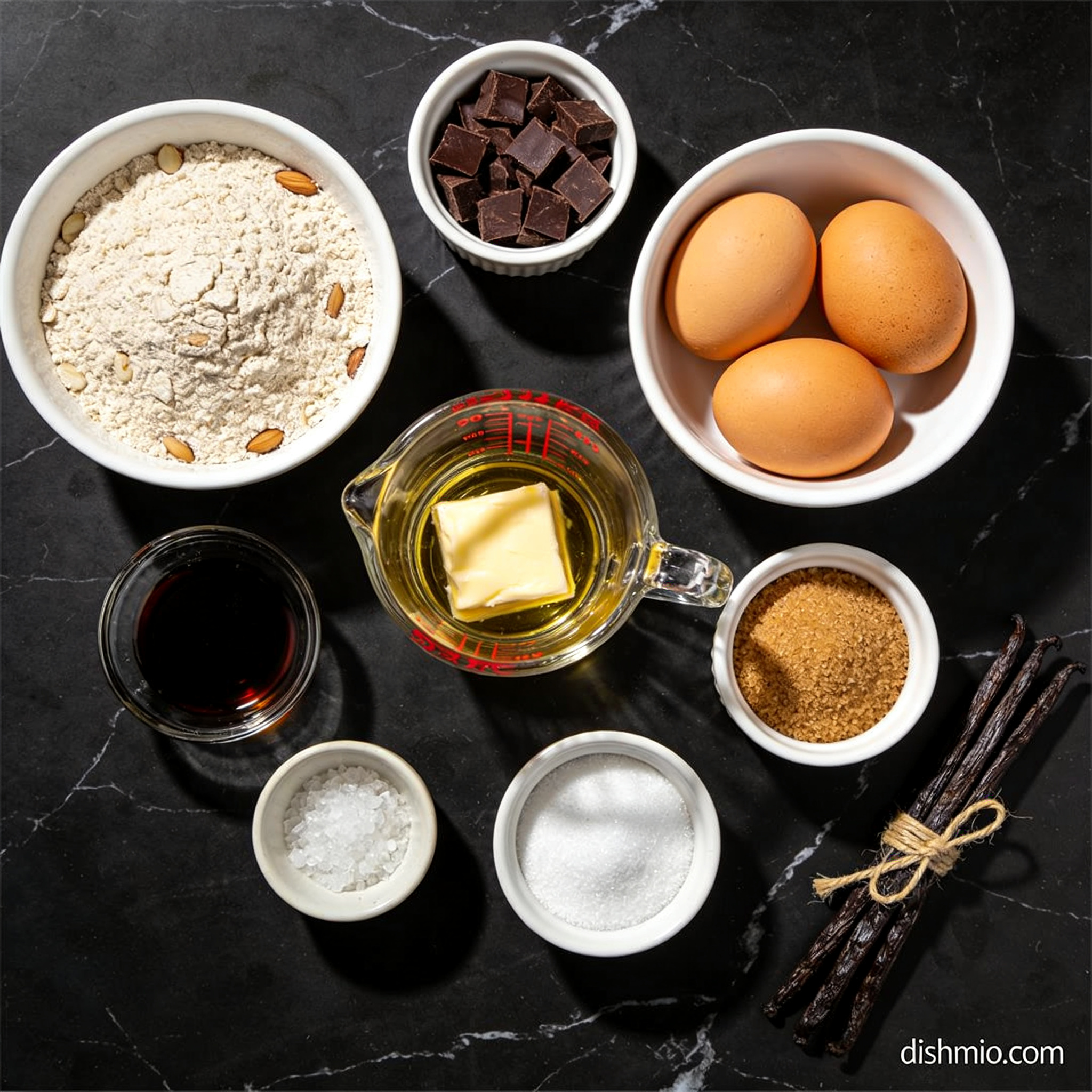 All ingredients for gluten free chocolate chip cookie skillet with almond flour arranged in proper containers on black marble including almond flour, dark chocolate chunks, eggs, and butter
