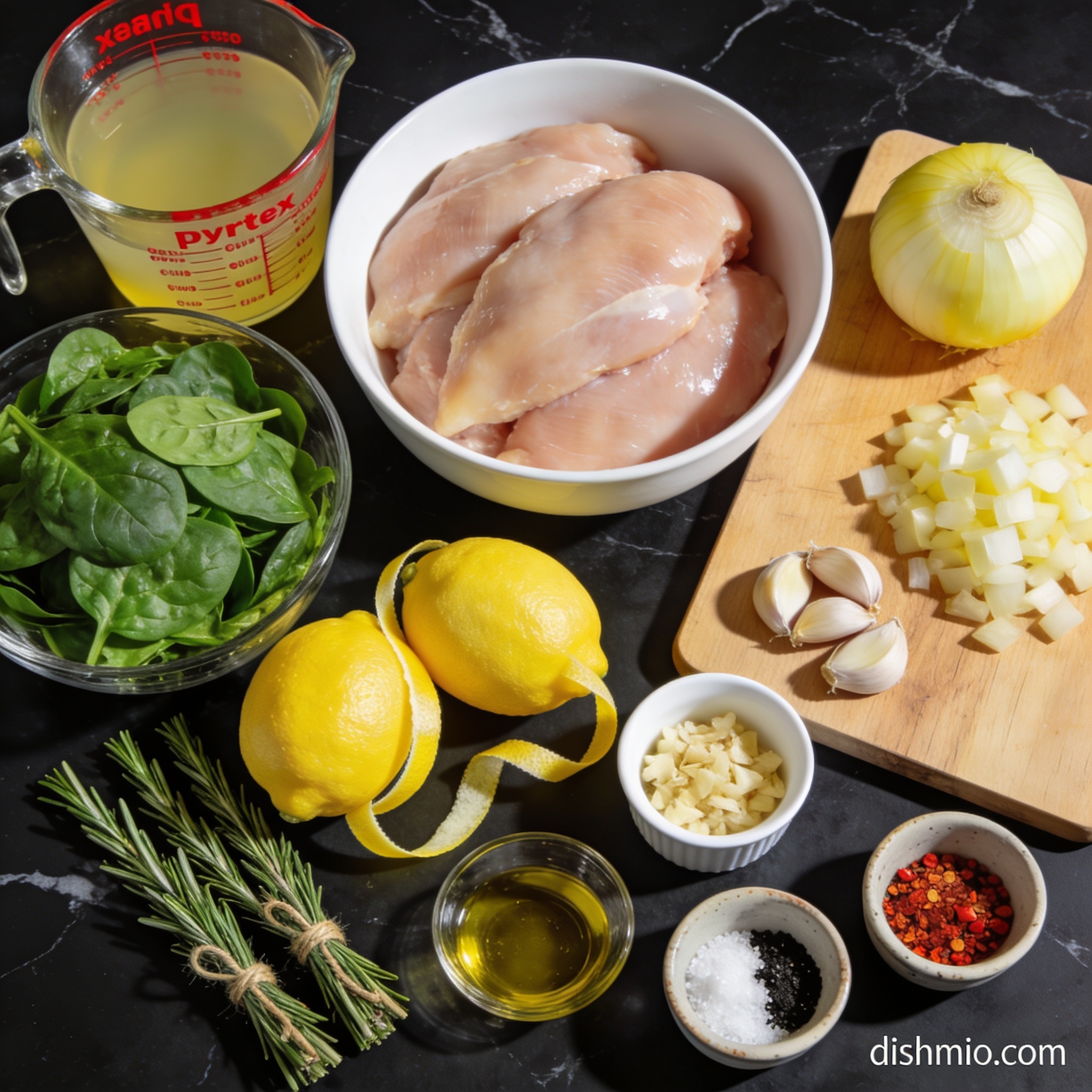Raw ingredients for air fryer lemon rosemary chicken soup with spinach arranged in proper containers on black marble countertop