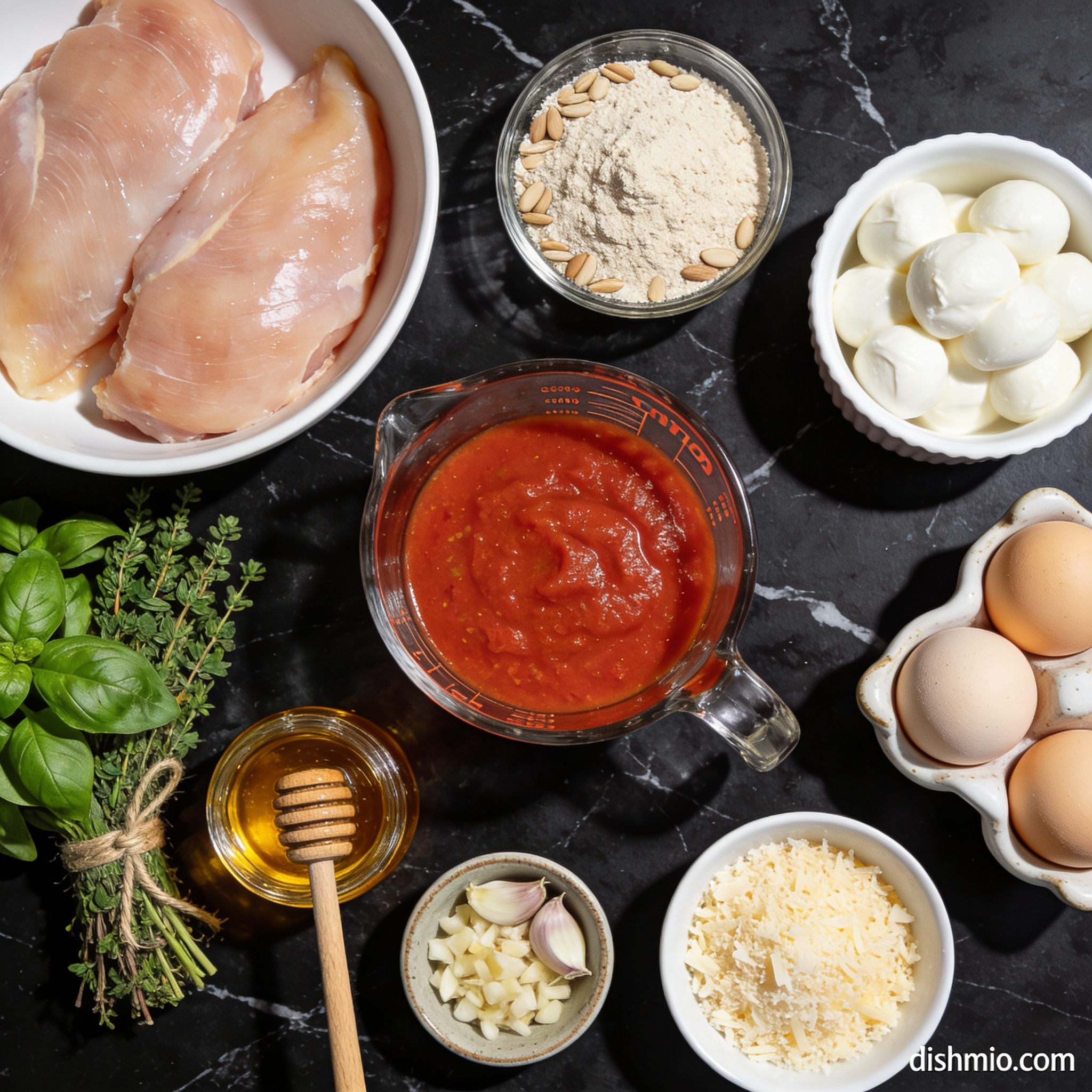 Raw ingredients for gluten free honey chicken parmesan arranged in proper containers on black marble