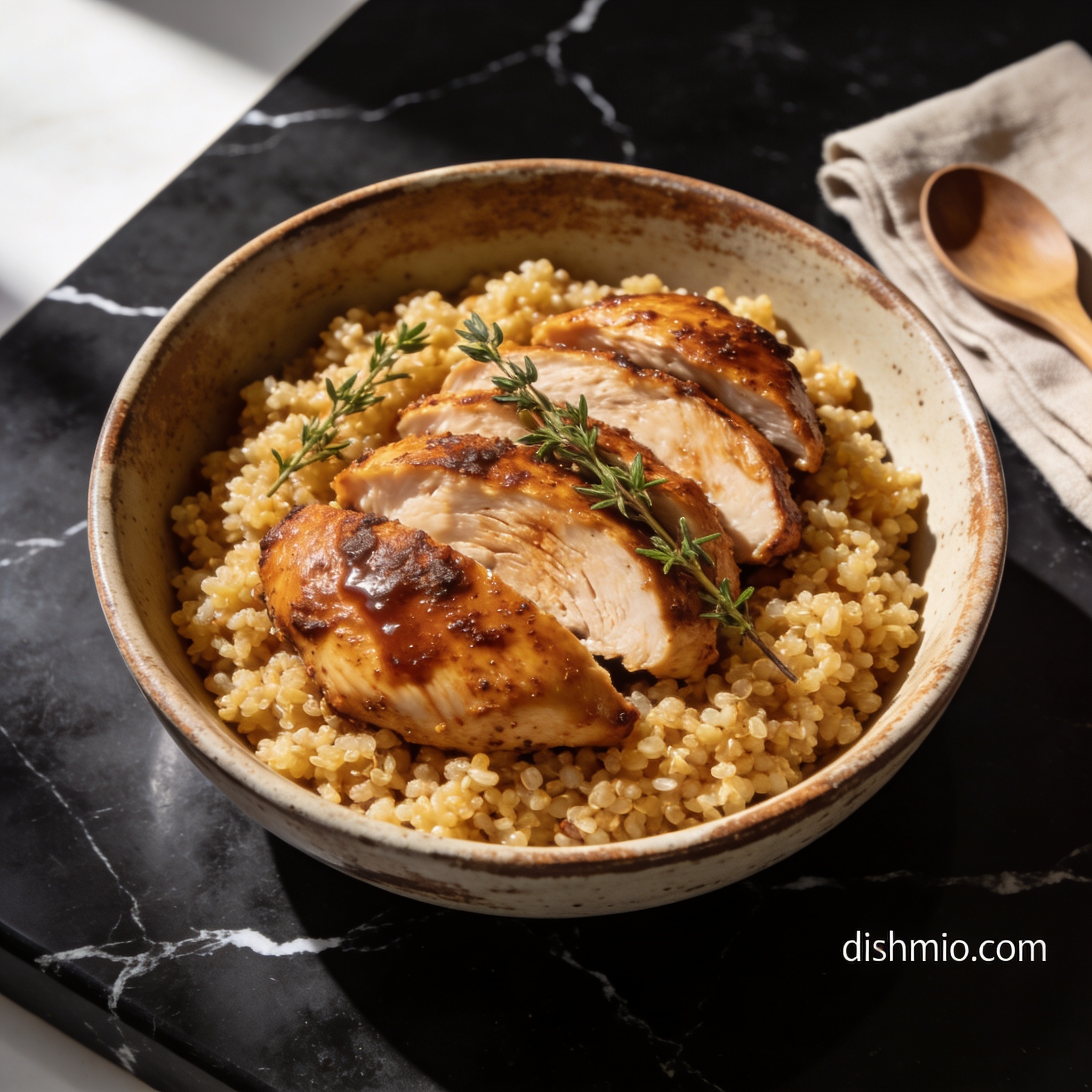 Beautifully plated gluten free cinnamon chicken quinoa bowl on black marble countertop