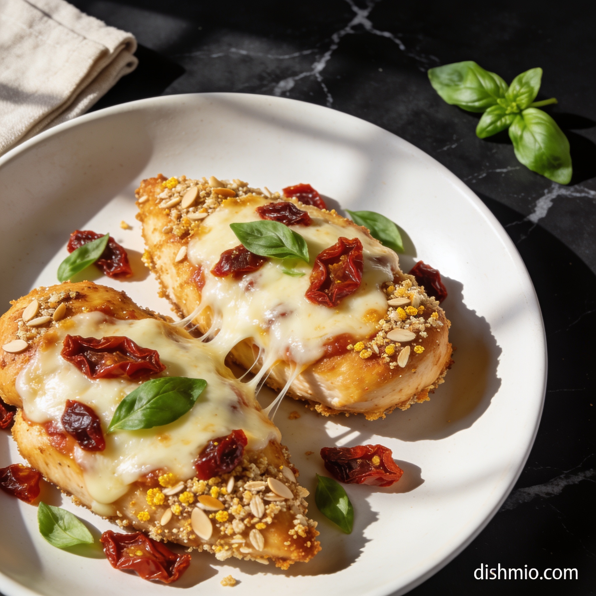 high protein baked chicken parmesan with sun dried tomatoes hero shot — beautifully plated general recipe on black marble countertop