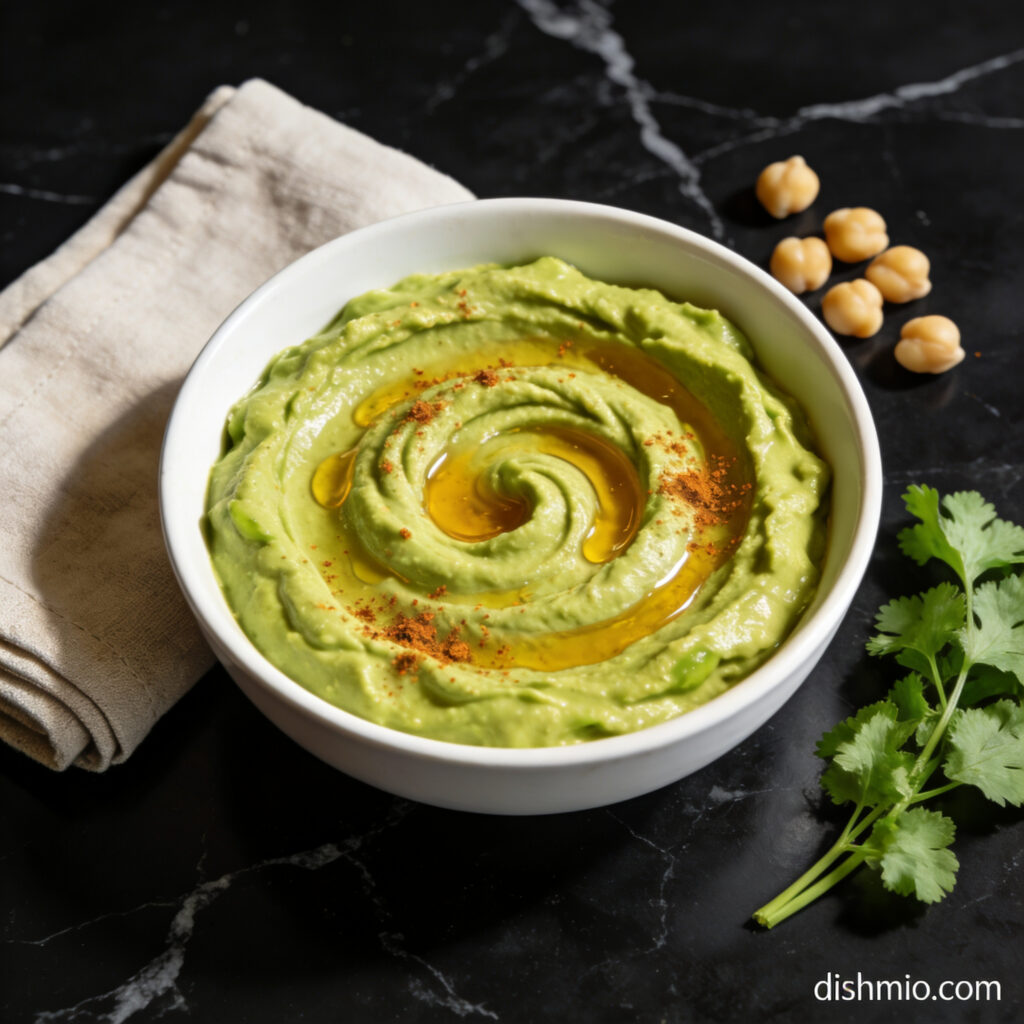 High protein chickpea and avocado hummus with honey hero shot — beautifully plated creamy green dip on black marble