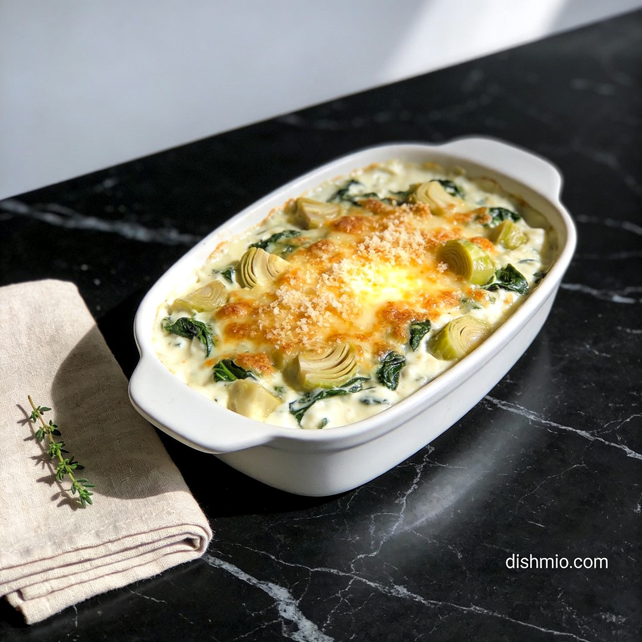 Hot gluten free spinach and artichoke dip with cream cheese in baking dish on black marble countertop