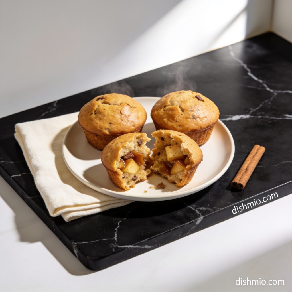 high protein cinnamon apple muffin tops with coconut milk hero shot — beautifully plated general recipe on black marble countertop