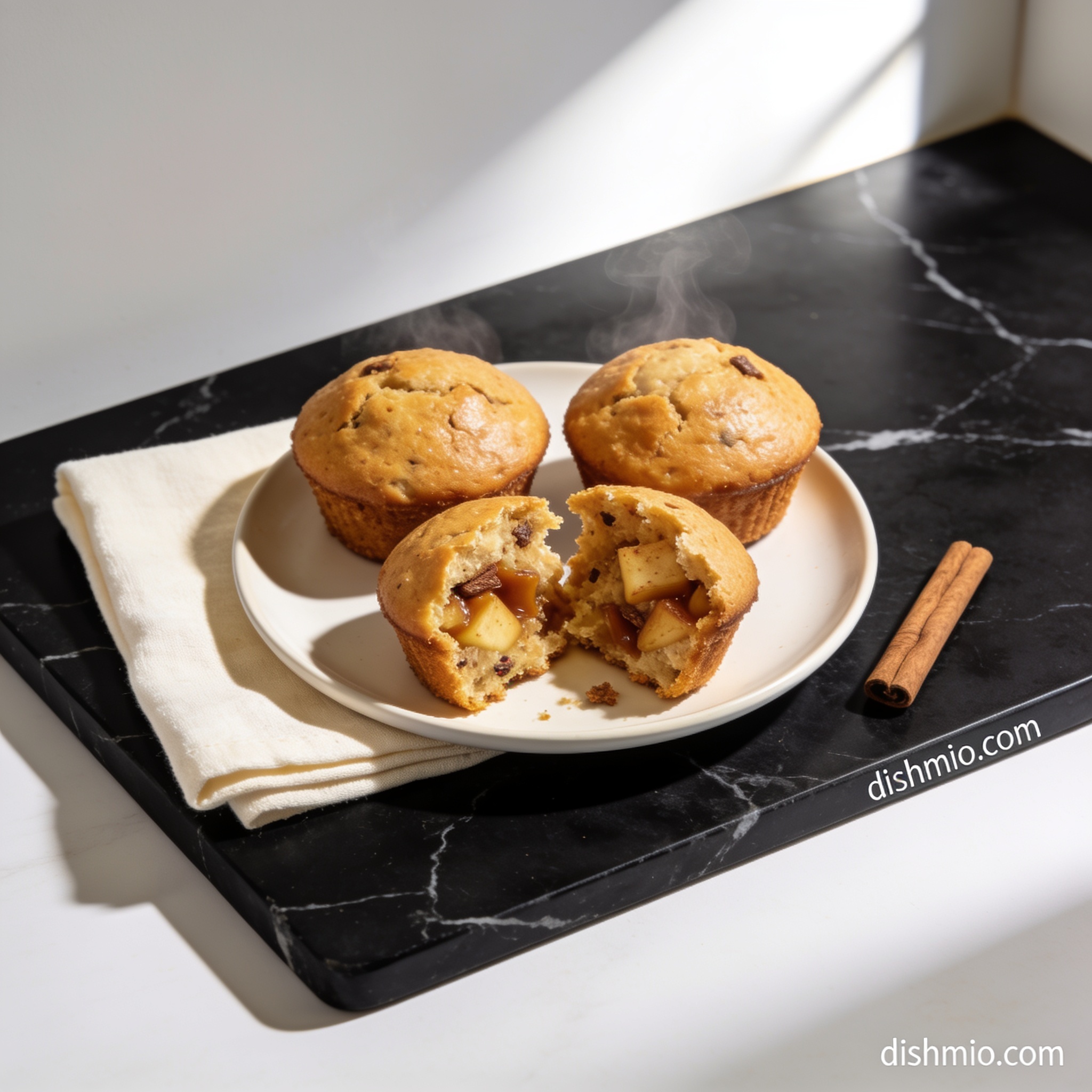 high protein cinnamon apple muffin tops with coconut milk hero shot — beautifully plated general recipe on black marble countertop