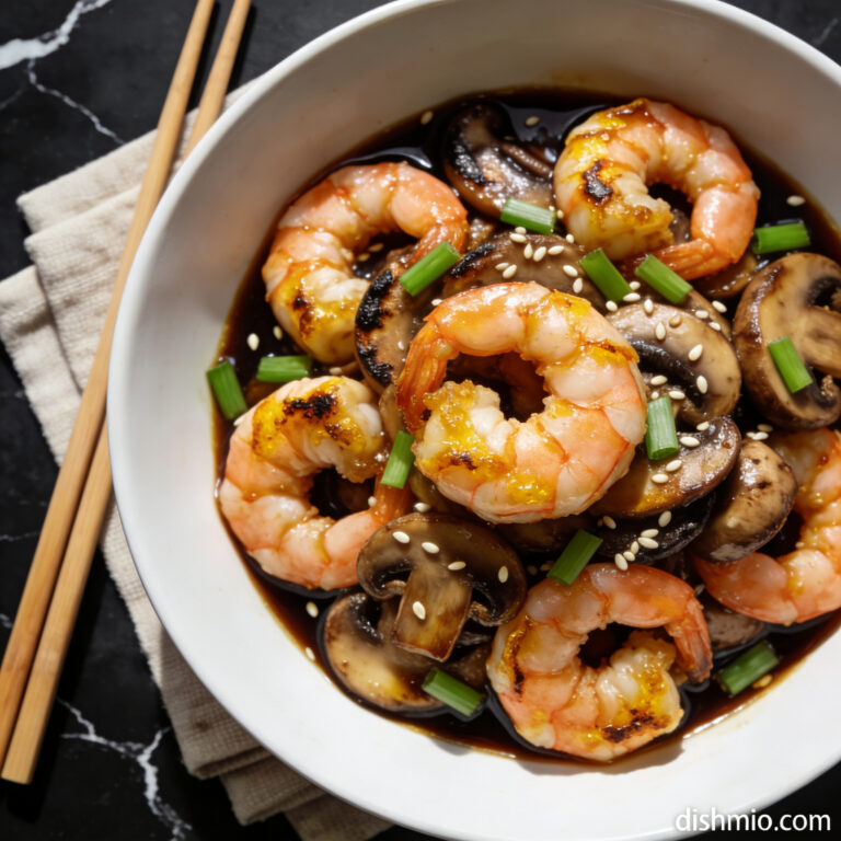 Beautifully plated air fryer shrimp stir fry with mushrooms on black marble, shrimp curled in C-shapes with charred mushrooms