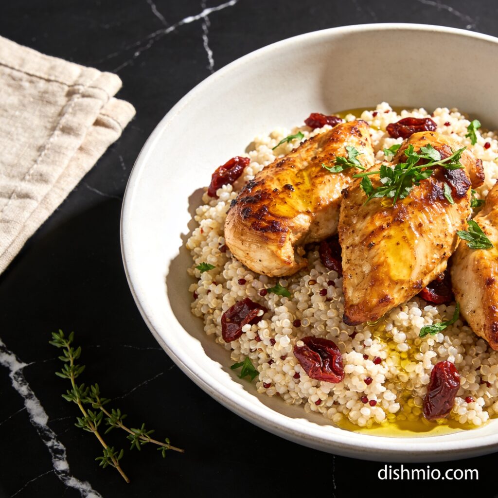 air fryer quinoa chicken bowl with sun dried tomatoes hero shot — beautifully plated general recipe on black marble countertop