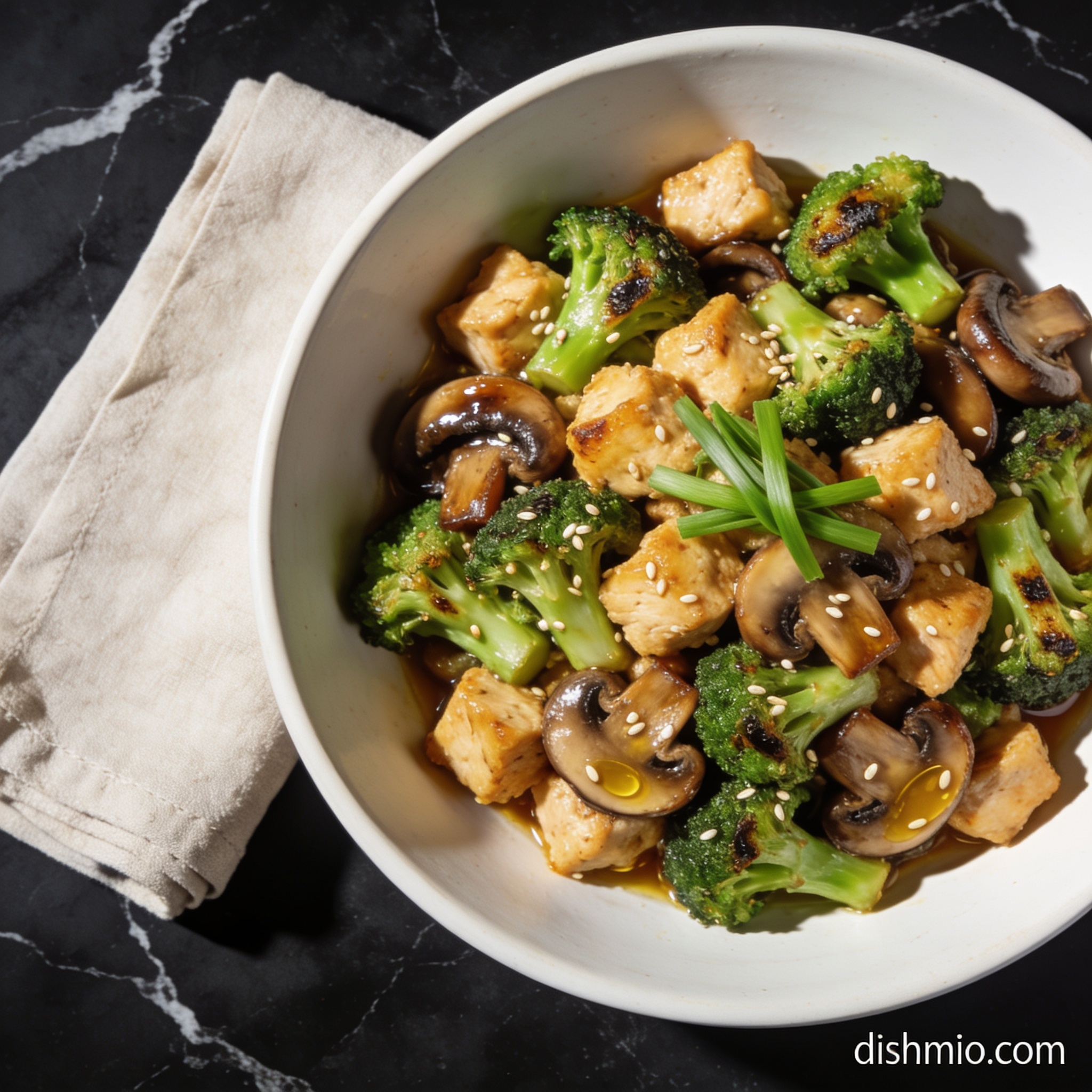 easy air fryer chicken and broccoli stirfry with mushrooms hero shot — beautifully plated general recipe on black marble countertop