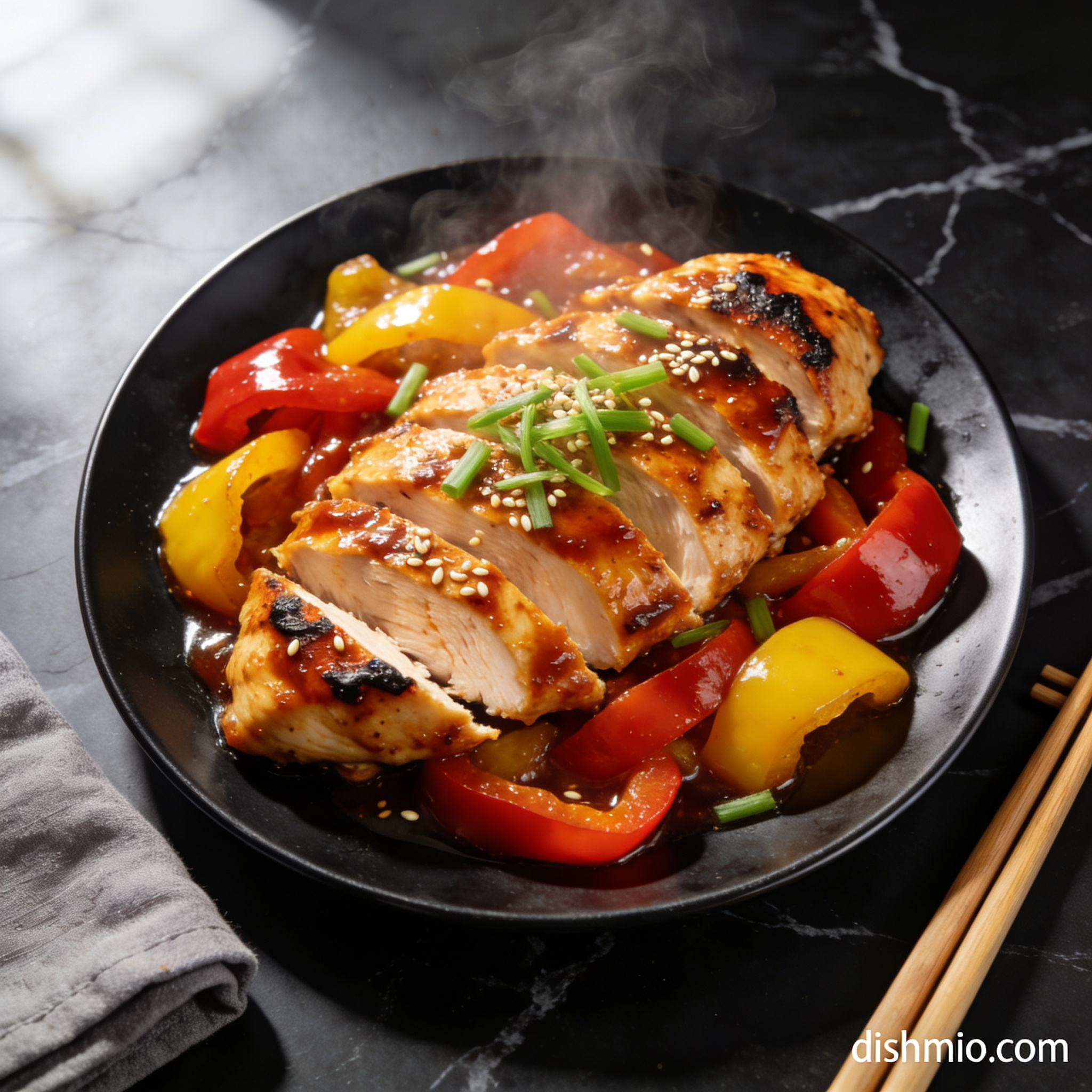 Beautifully plated air fryer korean chicken breast with bell peppers on black marble with steam rising