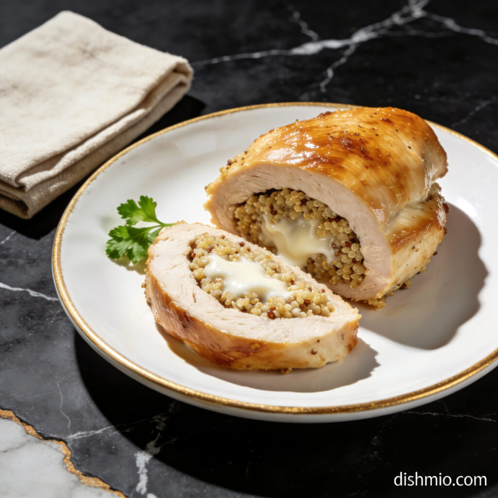 gluten free quinoa stuffed chicken breast with coconut milk hero shot — beautifully plated general recipe on black marble countertop
