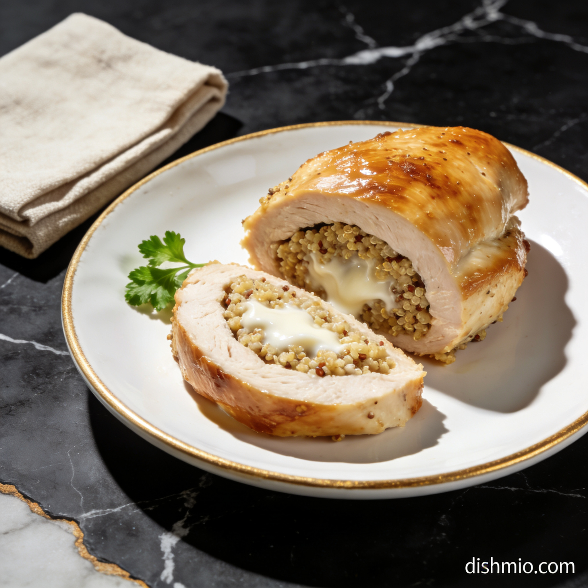 gluten free quinoa stuffed chicken breast with coconut milk hero shot — beautifully plated general recipe on black marble countertop
