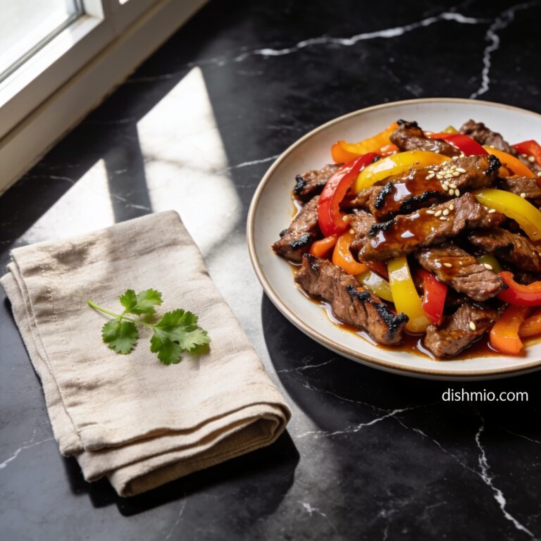 Beautifully plated air fryer beef and bell peppers with honey on black marble countertop