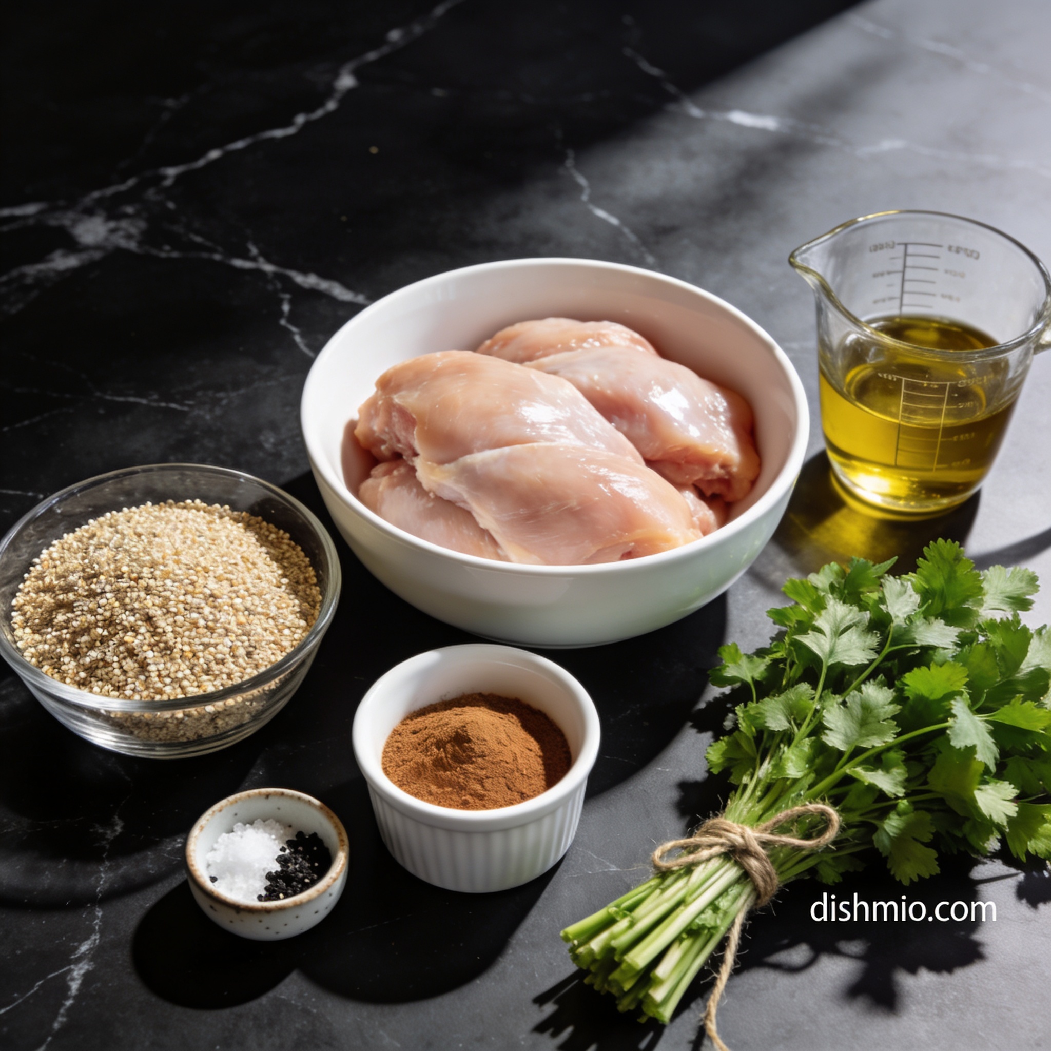 Raw ingredients for gluten free cinnamon chicken quinoa bowl arranged in proper containers on black marble