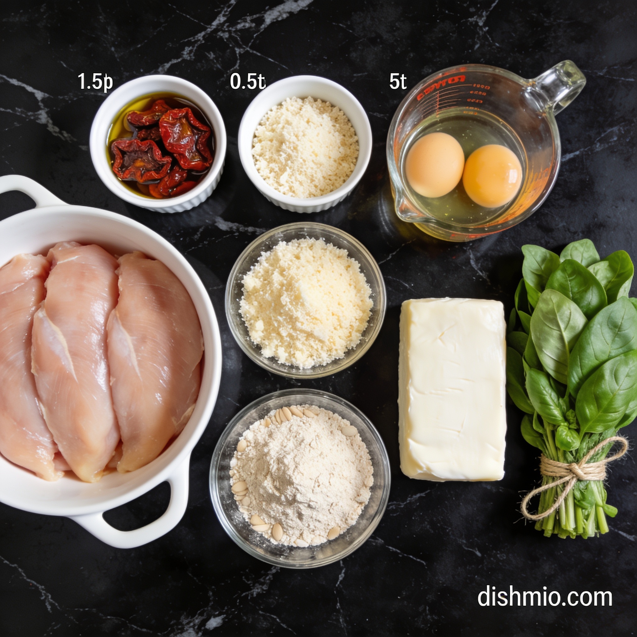 All ingredients for high protein baked chicken parmesan with sun dried tomatoes arranged in proper containers on black marble