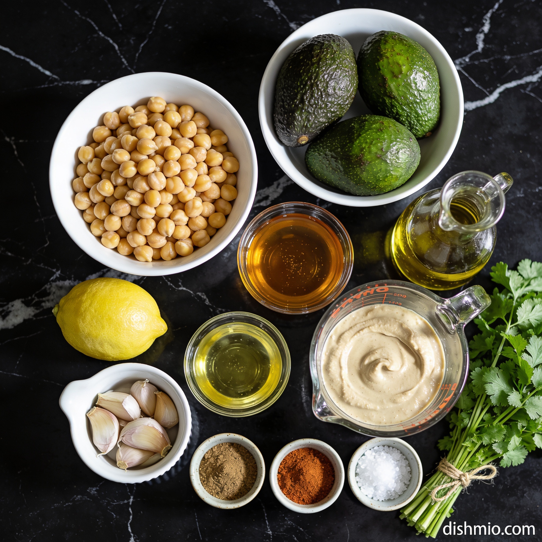 Ingredients for high protein chickpea and avocado hummus with honey arranged in proper containers on black marble