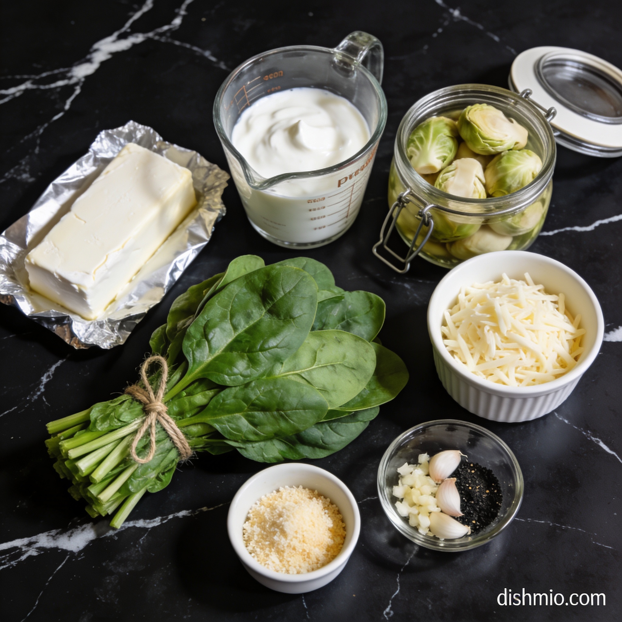 Gluten free spinach and artichoke dip ingredients flat lay with cream cheese, spinach, artichokes, and cheeses in proper containers on black marble