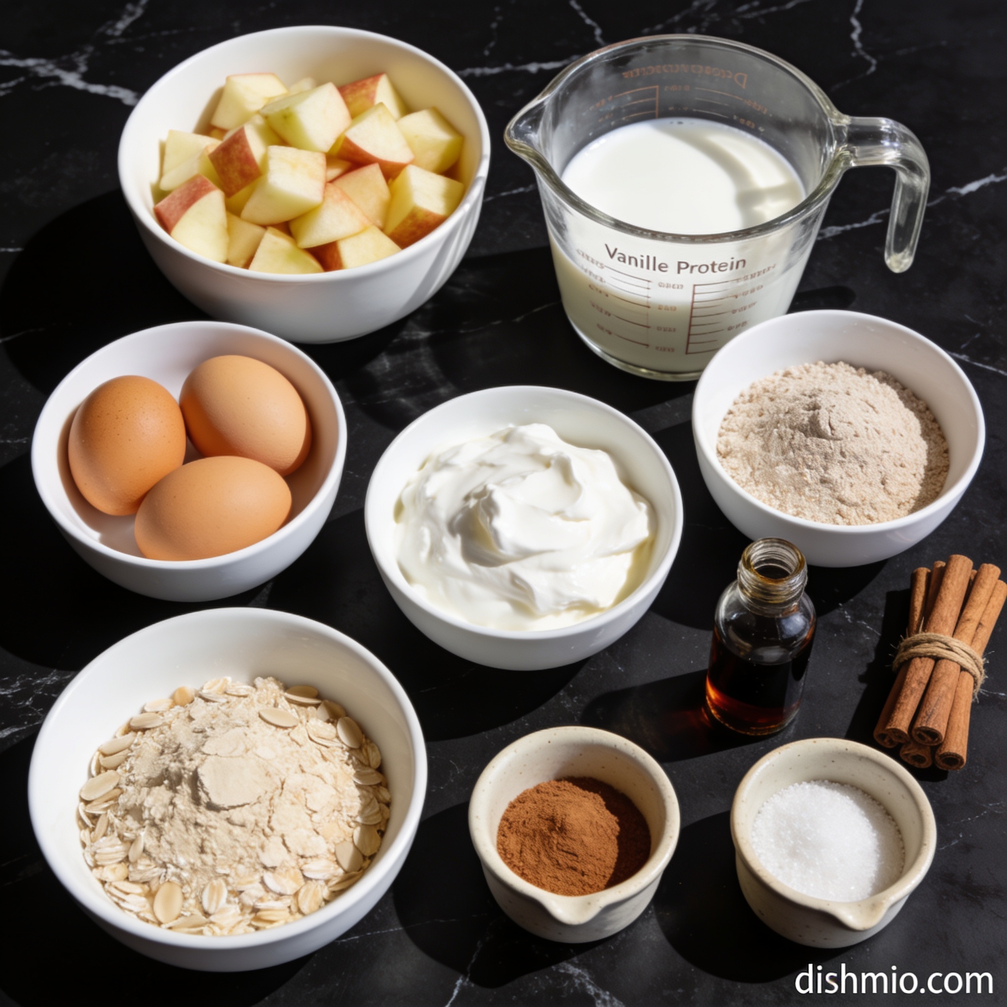 All ingredients for high protein cinnamon apple muffin tops with coconut milk arranged in proper containers on black marble