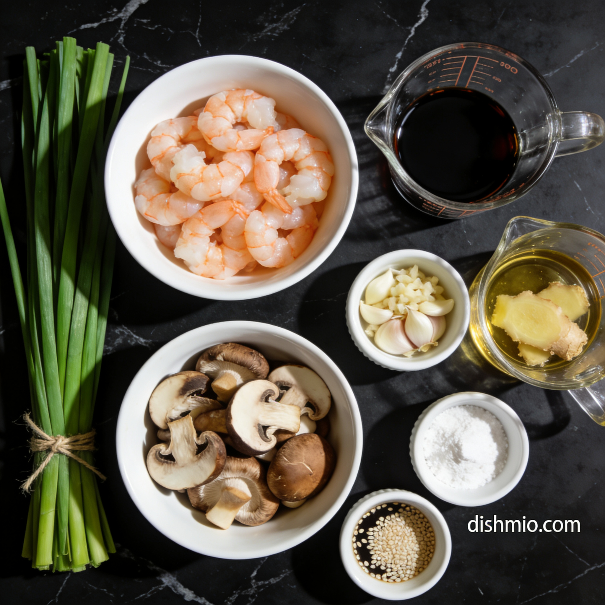 Raw ingredients for air fryer shrimp stir fry with mushrooms neatly arranged in white bowls and ceramic ramekins on black marble