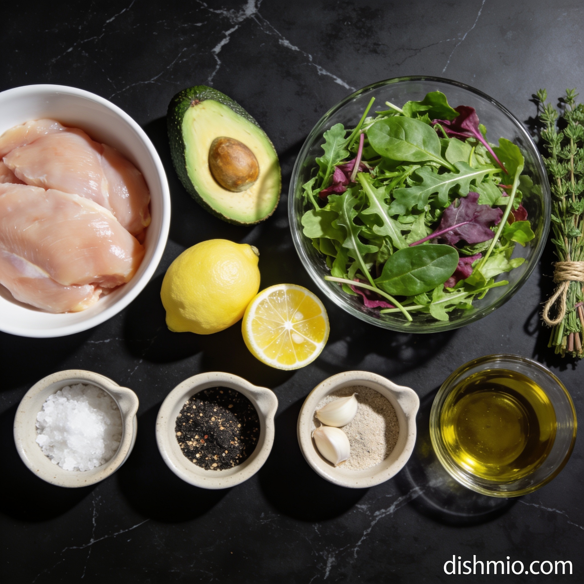 All ingredients for high protein grilled chicken avocado salad with lemon zest arranged in proper containers on black marble