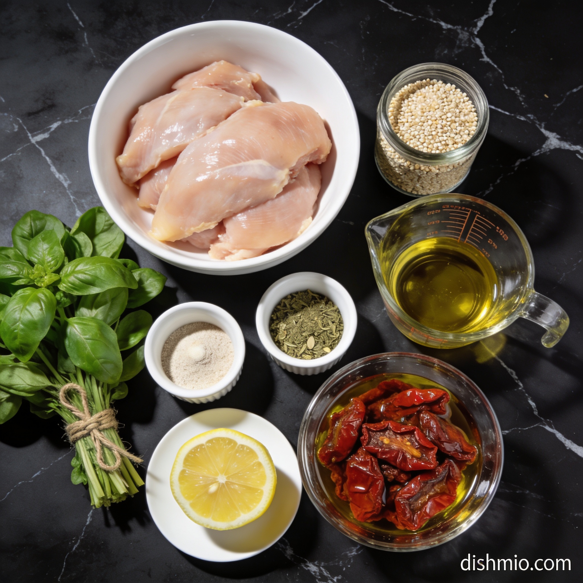 All raw ingredients for air fryer quinoa chicken bowl with sun dried tomatoes arranged in proper containers on black marble