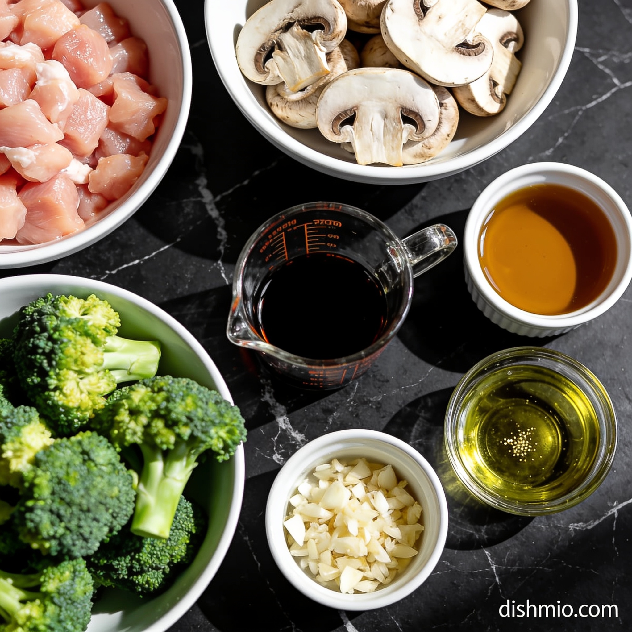 All ingredients for easy air fryer chicken and broccoli stirfry with mushrooms arranged in proper containers on black marble