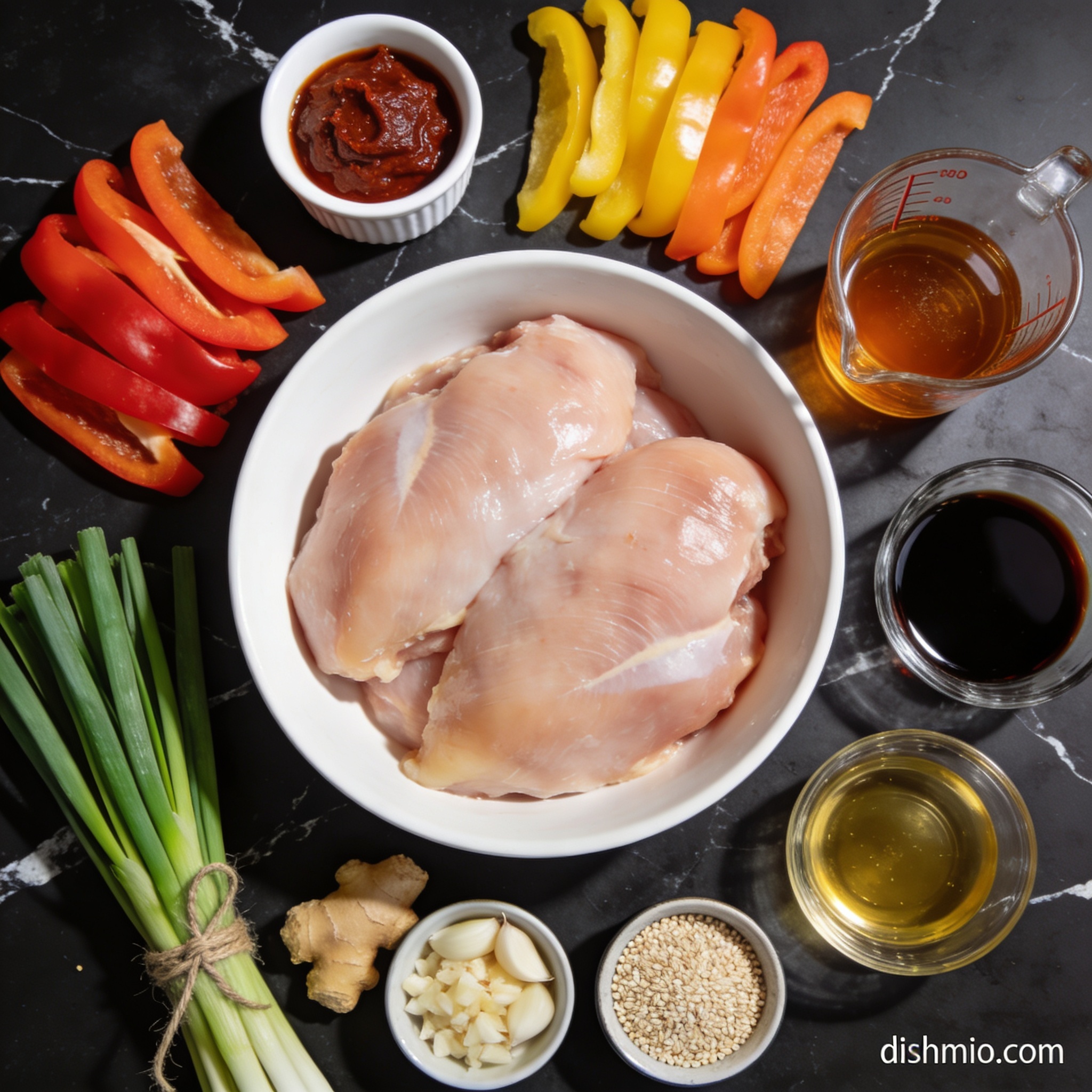 Raw ingredients for air fryer korean chicken breast with bell peppers in proper containers on black marble