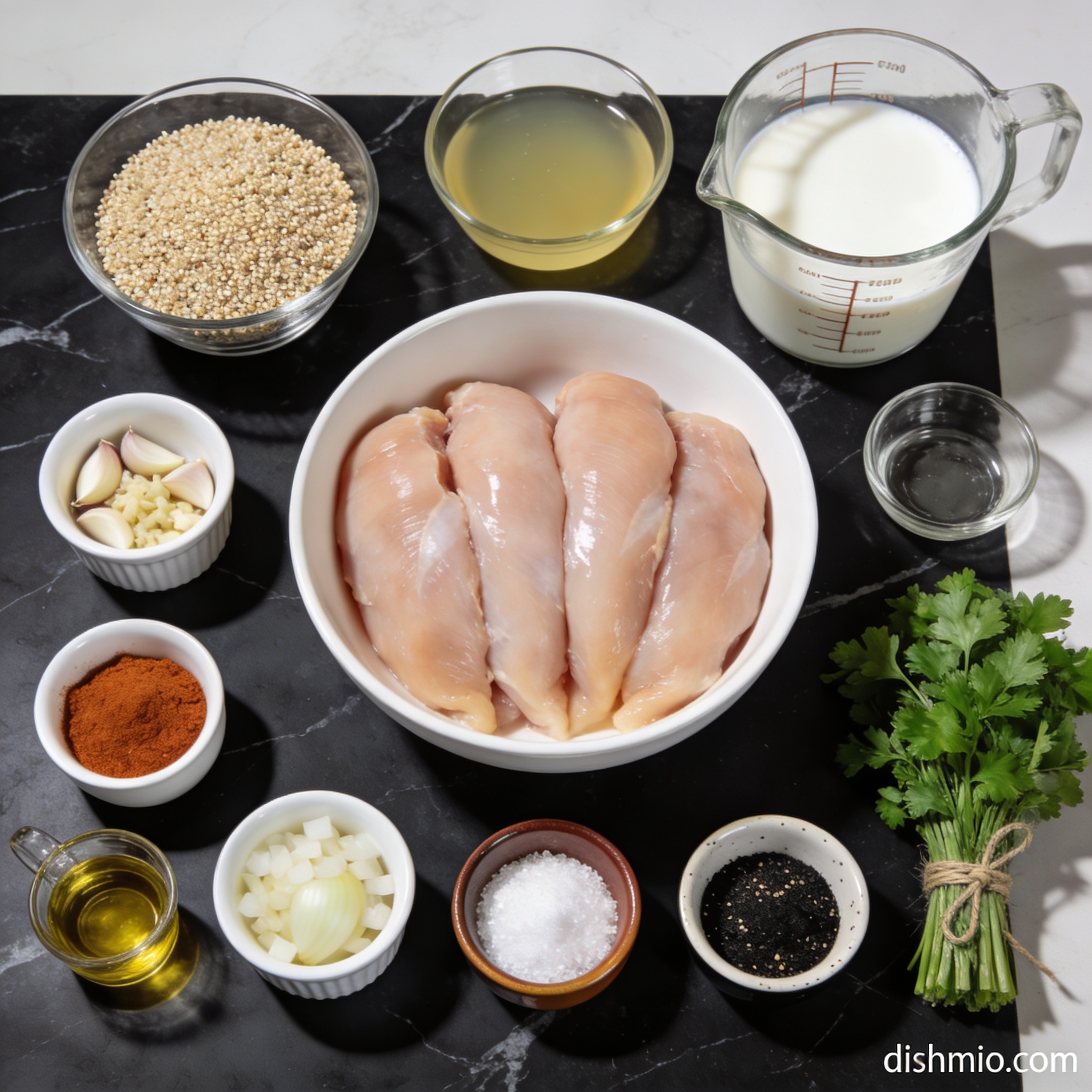 All ingredients for gluten free quinoa stuffed chicken breast with coconut milk arranged in proper containers on black marble