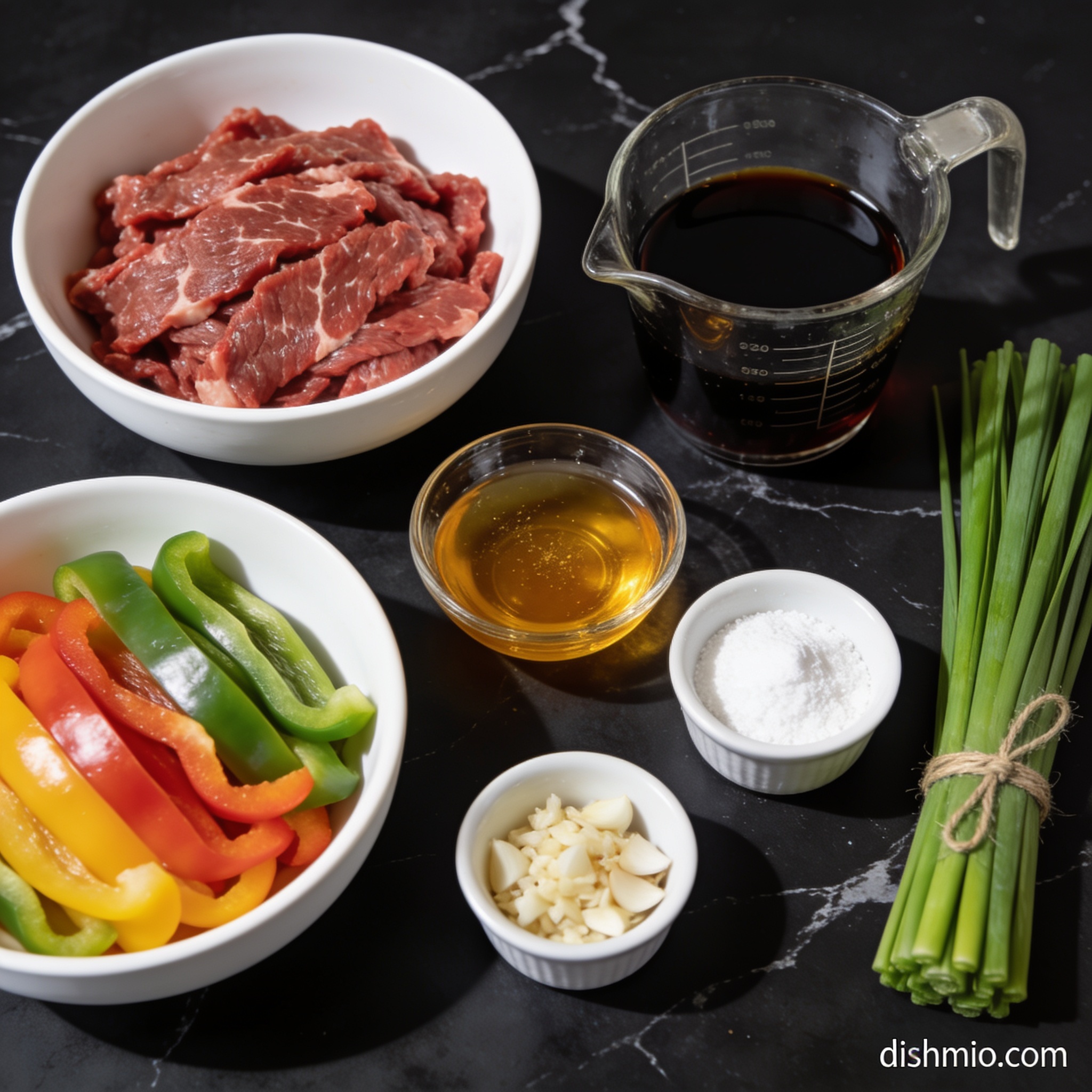 Raw ingredients for air fryer beef and bell peppers with honey arranged in white bowls and glass containers on black marble