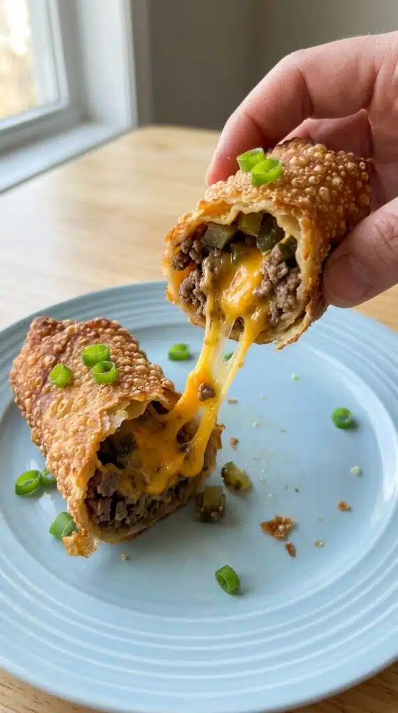 Crispy Hot Honey Cheeseburger Pickle Egg Rolls