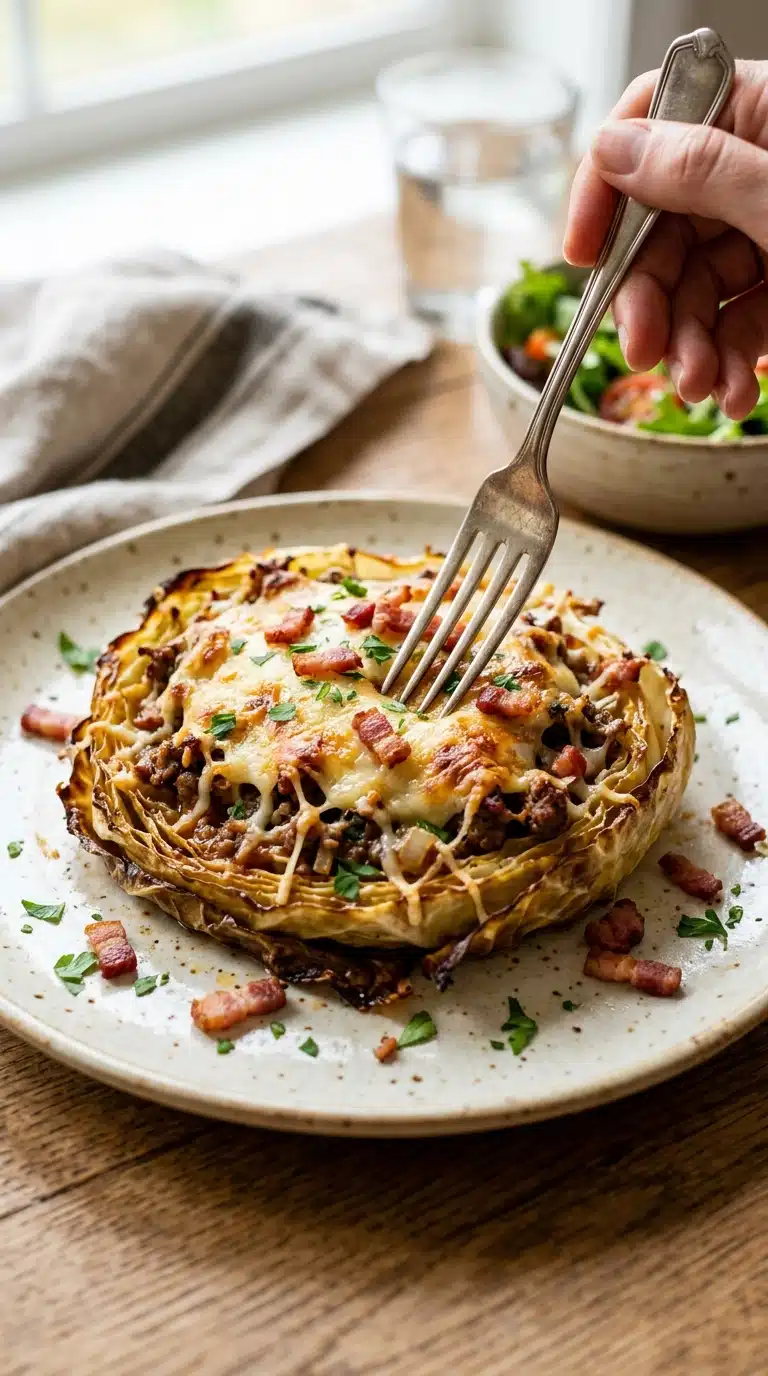 Loaded Cheesy Cabbage Steaks with Beef and Bacon
