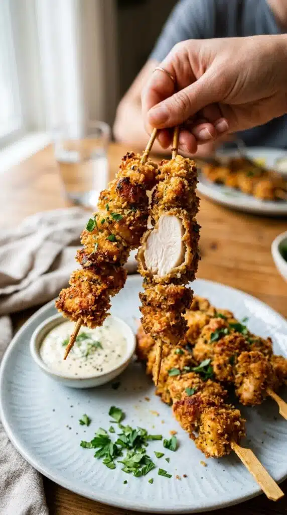 Crispy Popcorn Chicken Skewers