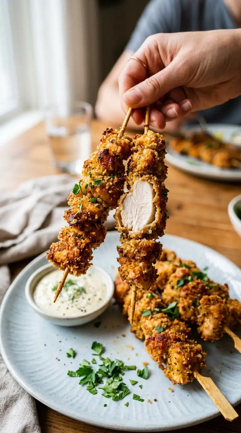 Crispy Popcorn Chicken Skewers